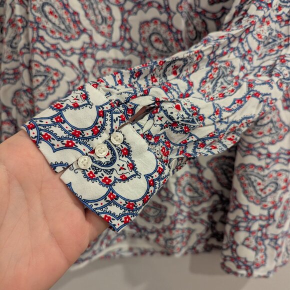 TALBOTS Pintuck Yoke Blouse 1X Paisley White Red Navy Blue Long Sleeve - Picture 8 of 13